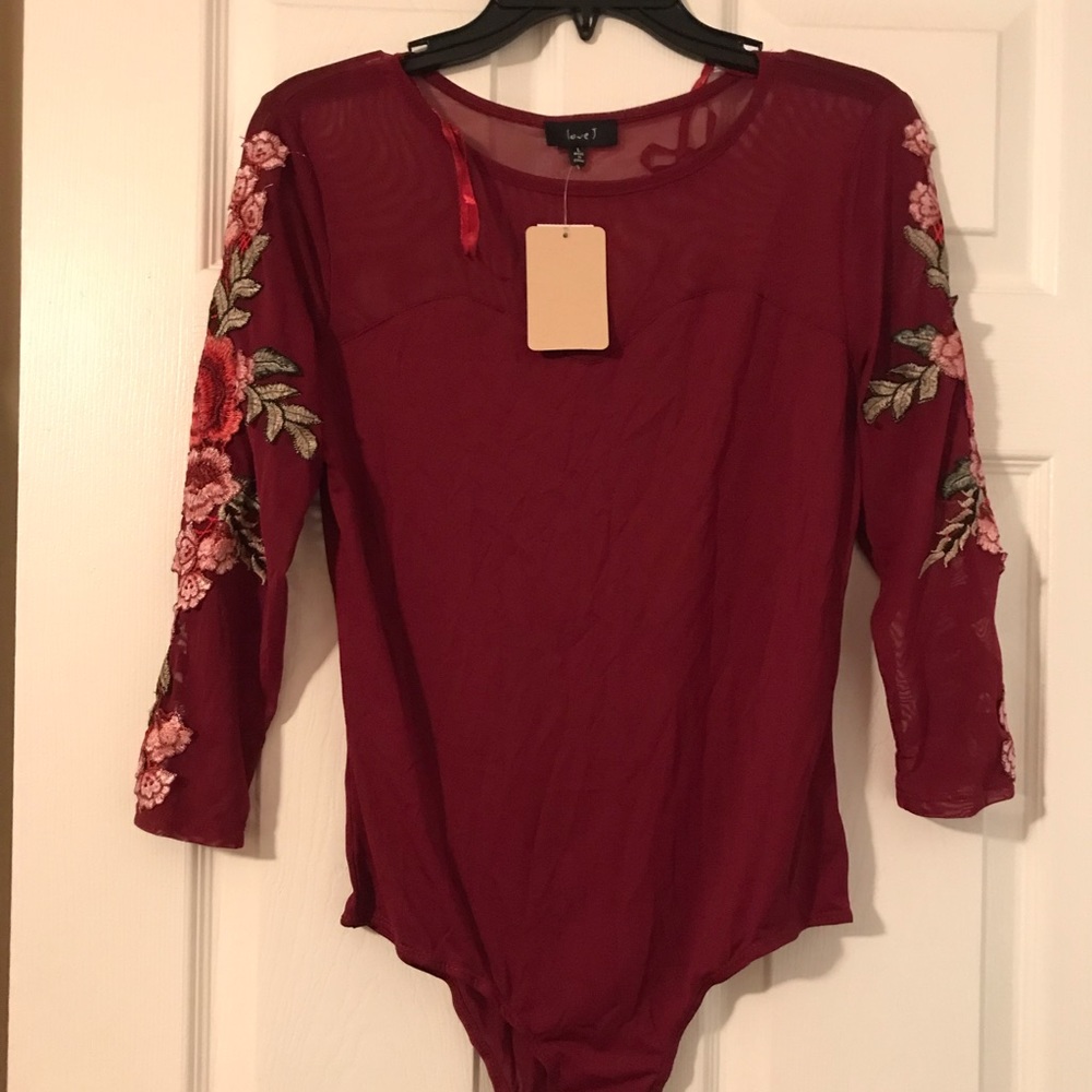 Burgendy Lace leotard blouse with flowers!